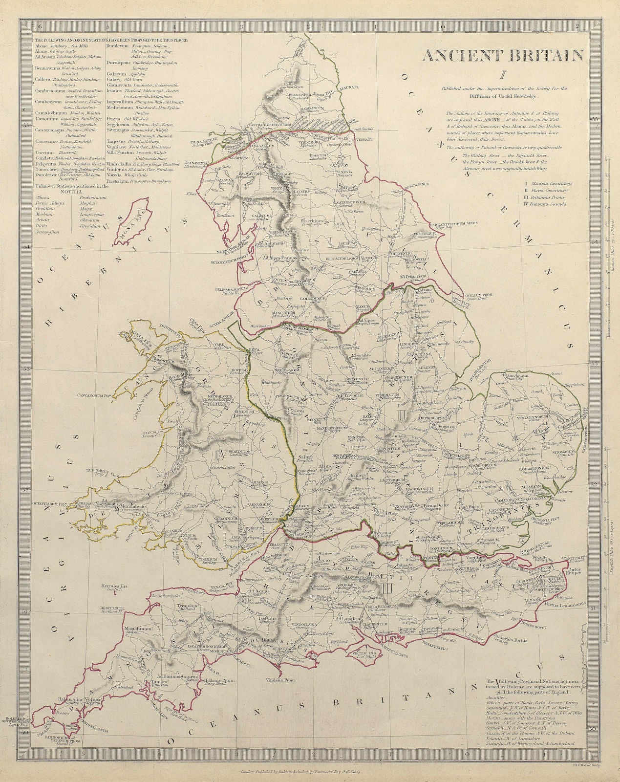 ANCIENT BRITAIN. England & Wales. Roman road town names. Ptolemy SDUK 1844 map